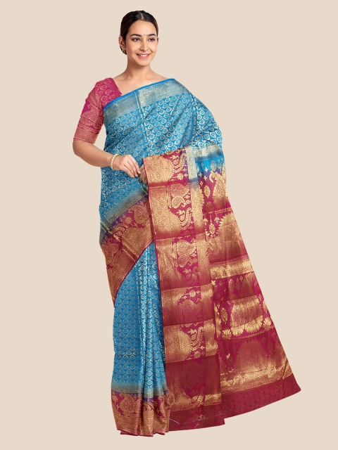 

KLM Fashion Mall Blue & Red Ethnic Motifs Zari Silk Blend Banarasi Saree