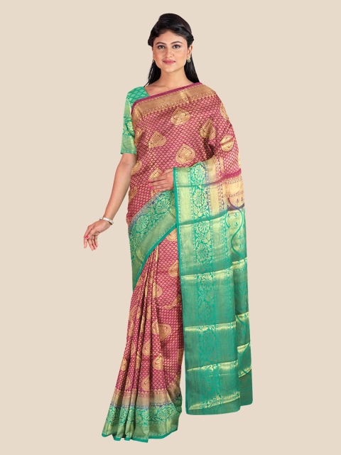 

KLM Fashion Mall Pink & Green Ethnic Motifs Zari Silk Blend Banarasi Saree