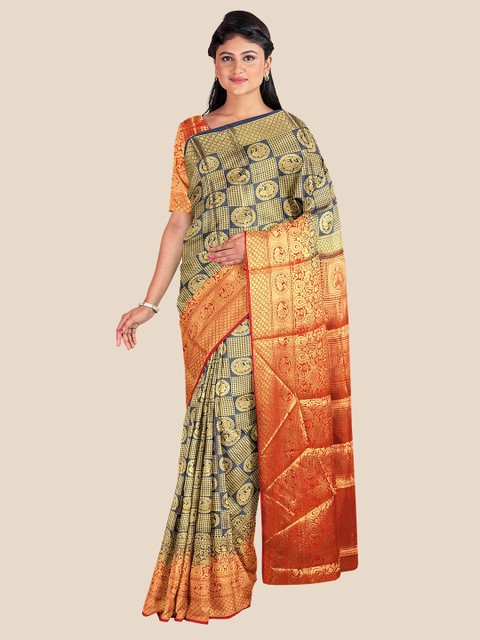 

KLM Fashion Mall Navy Blue & Red Woven Design Zari Silk Blend Banarasi Saree