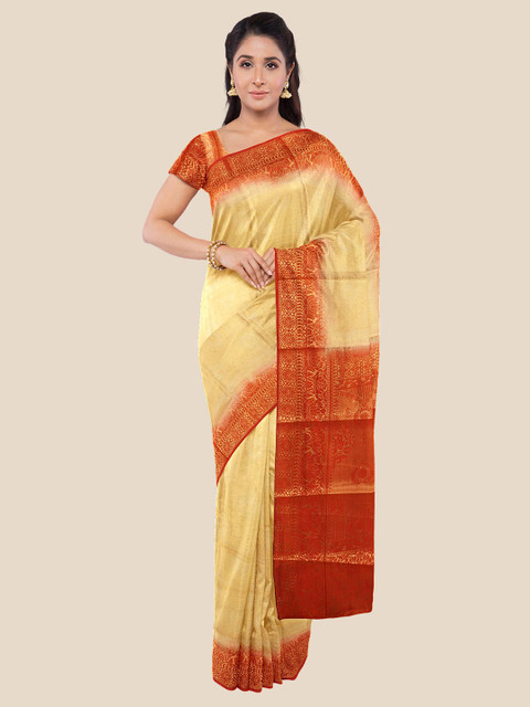 

KLM Fashion Mall Cream-Coloured & Orange Ethnic Motifs Zari Silk Blend Banarasi Saree