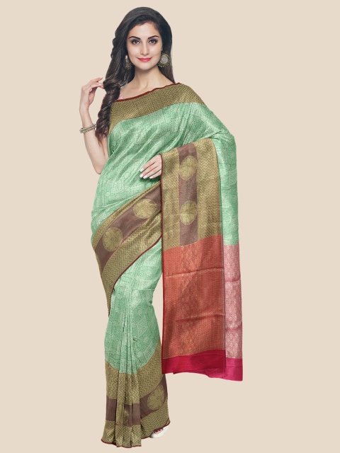 

KLM Fashion Mall Sea Green & Red Ethnic Motifs Zari Silk Blend Banarasi Saree