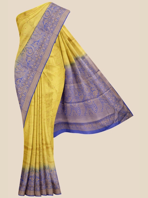 

KLM Fashion Mall Yellow & Blue Ethnic Motifs Silk Blend Banarasi Saree