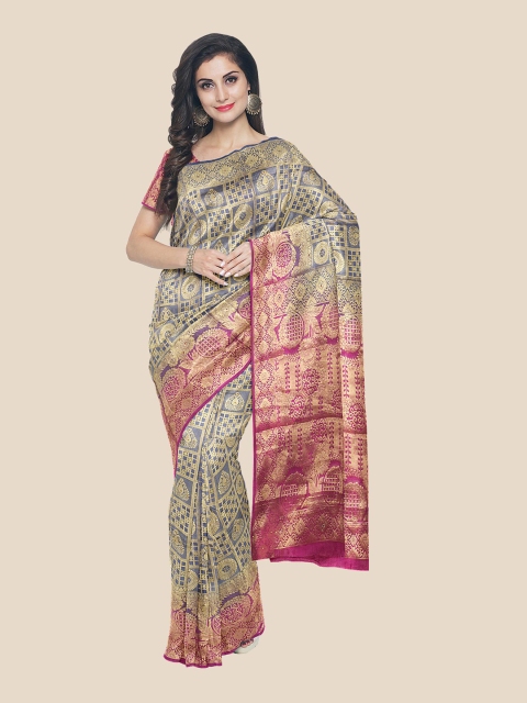 

KLM Fashion Mall Grey & Burgundy Checked Zari Silk Blend Banarasi Saree