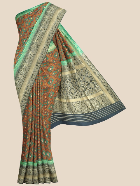 

KLM Fashion Mall Green & Navy Blue Floral Zari Silk Blend Ikat Saree