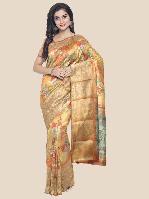 

KLM Fashion Mall Yellow & Orange Floral Zari Saree