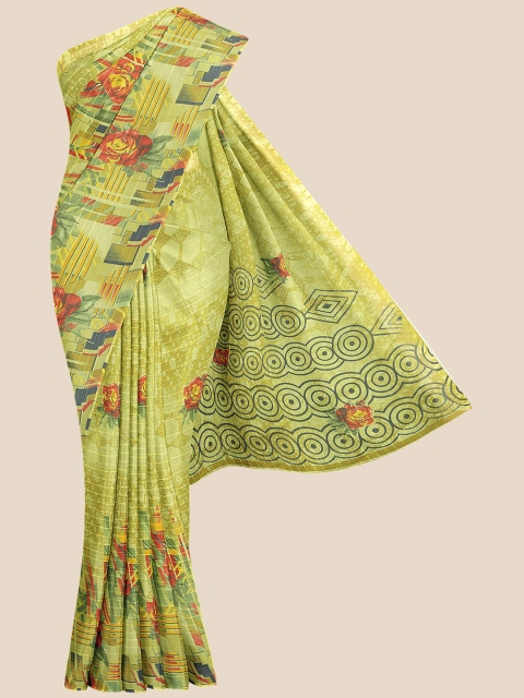 

KLM Fashion Mall Yellow & Blue Floral Poly Georgette Saree