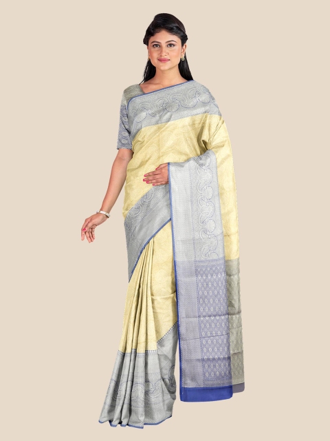 

KLM Fashion Mall Yellow & Blue Ethnic Motifs Zari Silk Blend Banarasi Saree