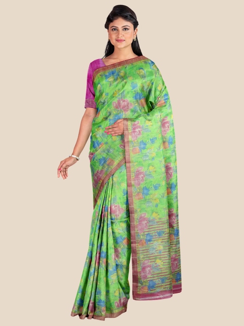 

KLM Fashion Mall Green & Purple Floral Linen Blend Saree