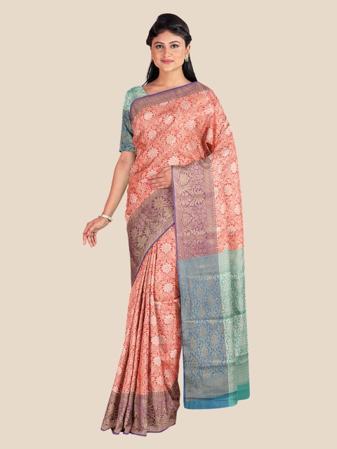

KLM Fashion Mall Orange & Turquoise Blue Woven Design Zari Silk Blend Banarasi Saree