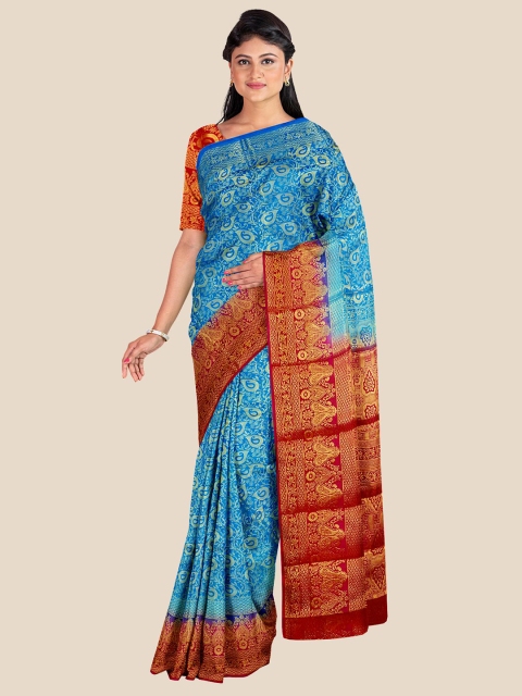 

KLM Fashion Mall Blue & Red Paisley Zari Silk Blend Banarasi Saree