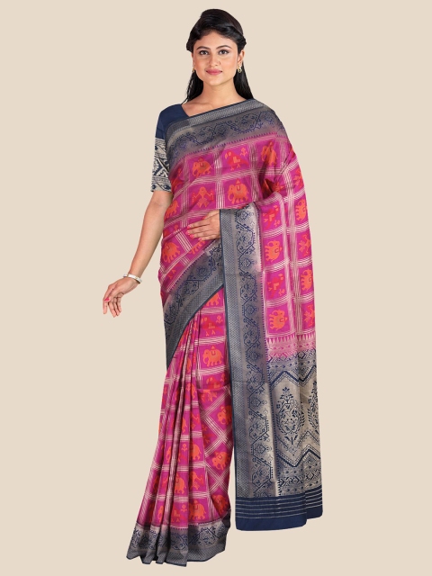 

KLM Fashion Mall Pink & Navy Blue Ethnic Motifs Zari Silk Blend Banarasi Saree