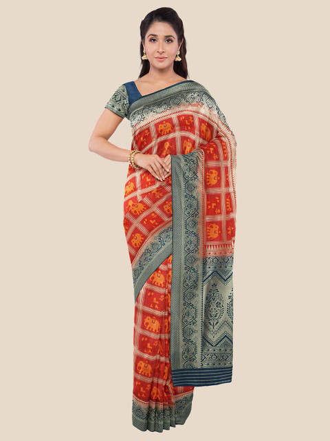 

KLM Fashion Mall Red & Orange Ethnic Motifs Zari Silk Blend Banarasi Saree