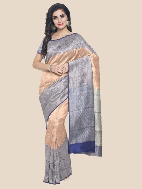 

KLM Fashion Mall Peach-Coloured & Blue Ethnic Motifs Silk Blend Banarasi Saree