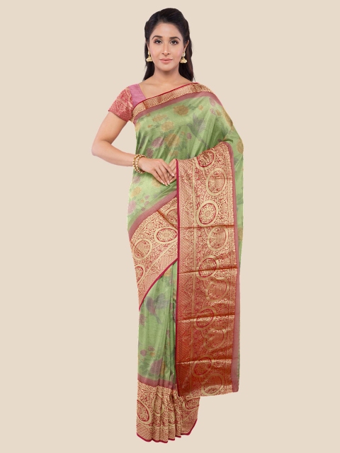 

KLM Fashion Mall Green & Red Floral Zari Silk Blend Saree