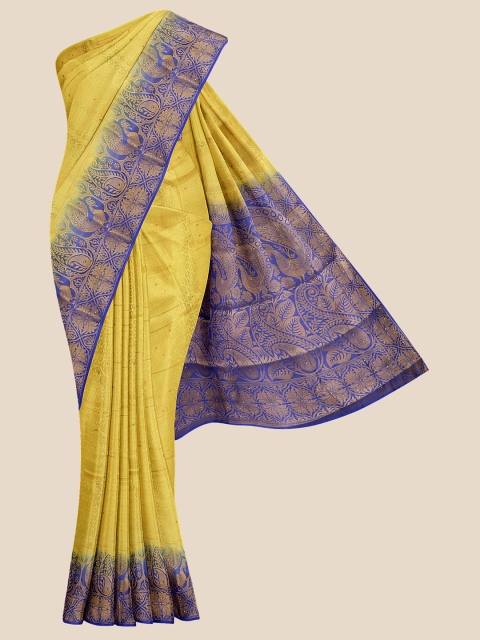 

KLM Fashion Mall Yellow & Blue Woven Design Zari Silk Blend Banarasi Saree