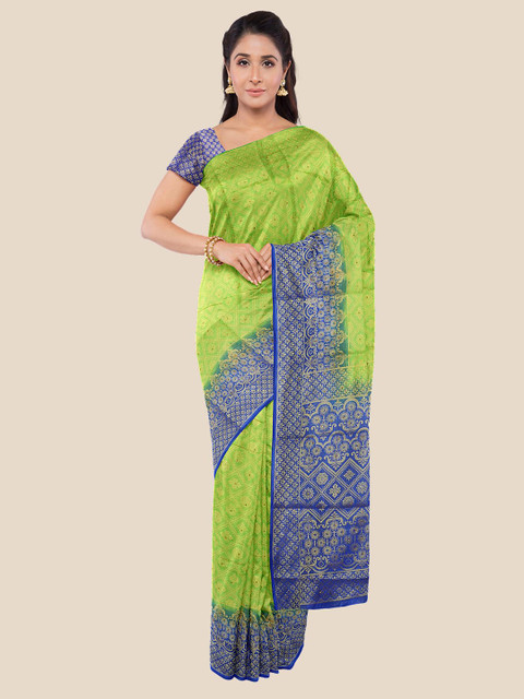 

KLM Fashion Mall Green & Blue Ethnic Motifs Silk Blend Banarasi Saree