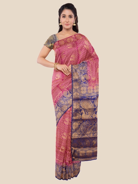 

KLM Fashion Mall Pink & Blue Ethnic Motifs Zari Silk Blend Banarasi Saree