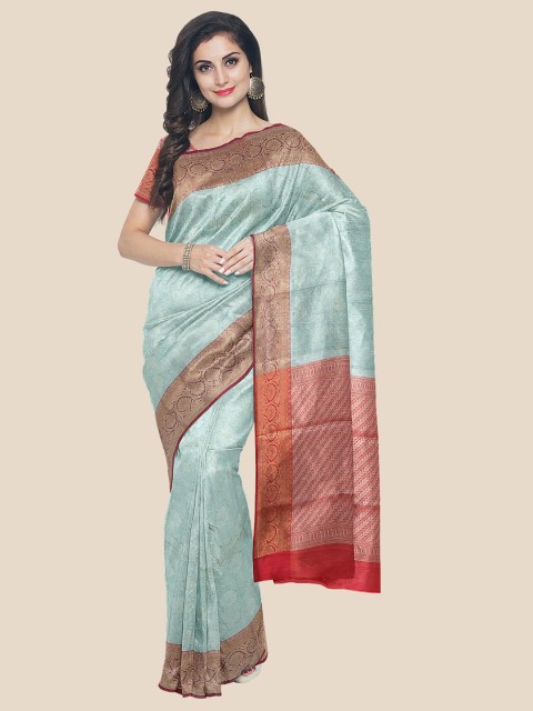 

KLM Fashion Mall Blue & Red Floral Zari Silk Blend Banarasi Saree