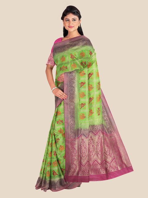 

KLM Fashion Mall Green & Purple Ethnic Motifs Zari Silk Blend Banarasi Saree