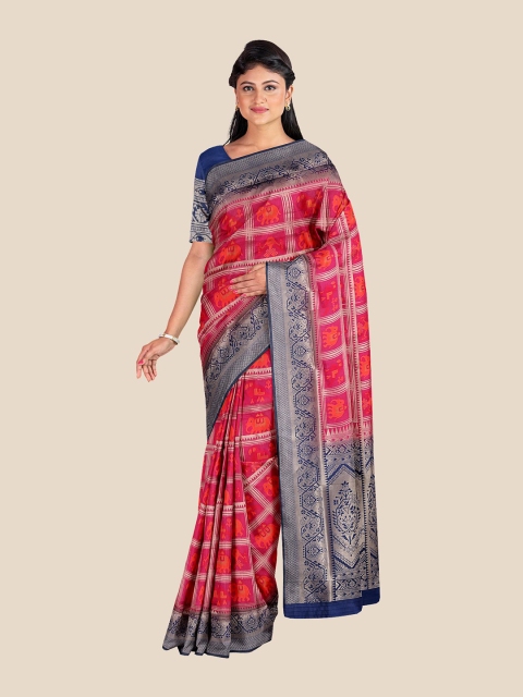 

KLM Fashion Mall Pink & Blue Ethnic Motifs Silk Blend Banarasi Saree