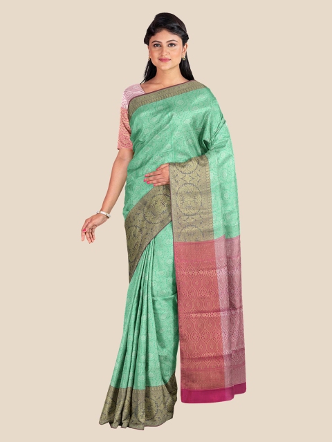 

KLM Fashion Mall Green & Pink Ethnic Motifs Zari Silk Blend Banarasi Saree