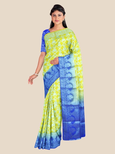 

KLM Fashion Mall Yellow & Blue Ethnic Motifs Zari Silk Blend Banarasi Saree