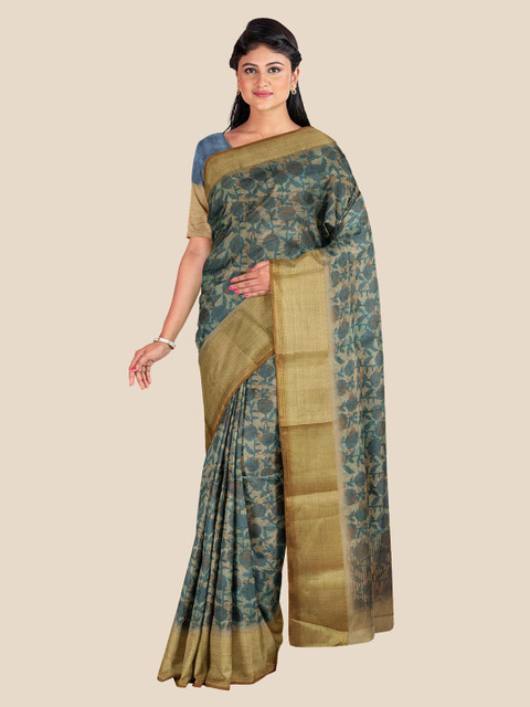 

KLM Fashion Mall Cream-Coloured & Teal Floral Zari Saree