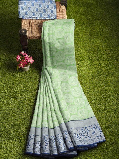 

KLM Fashion Mall Green & Blue Ethnic Motifs Silk Blend Banarasi Saree