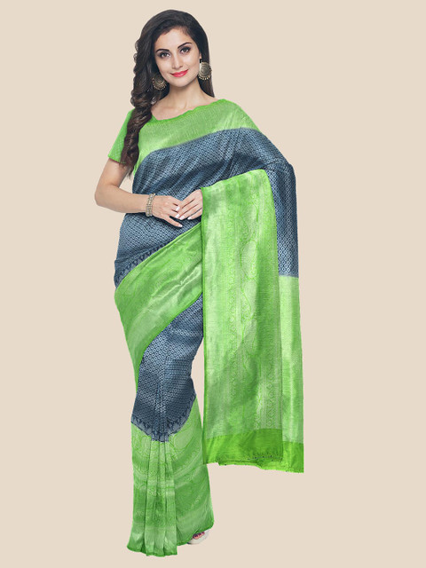 

KLM Fashion Mall Navy Blue & Green Ethnic Motifs Zari Silk Blend Banarasi Saree