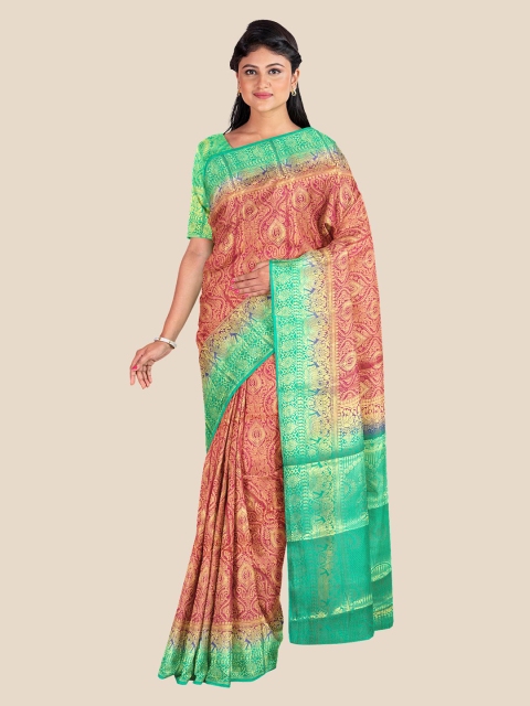 

KLM Fashion Mall Pink & Gold-Toned Floral Silk Blend Banarasi Saree