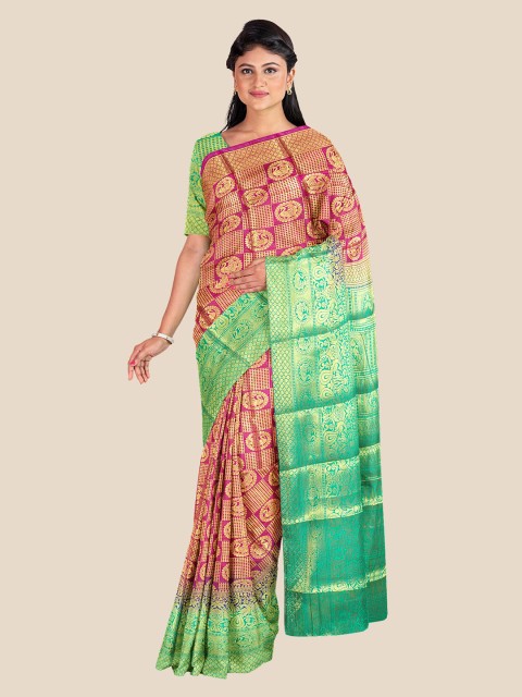 

KLM Fashion Mall Pink & Green Ethnic Motifs Zari Silk Blend Banarasi Saree