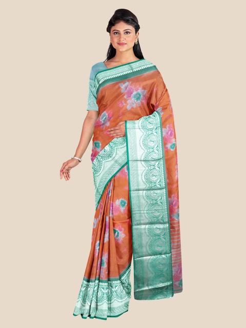 

KLM Fashion Mall Orange & Teal Floral Silk Blend Saree
