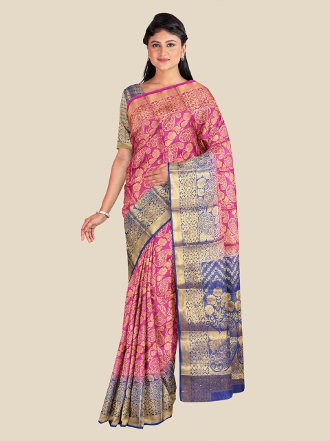 

KLM Fashion Mall Pink & Blue Woven Design Zari Silk Blend Banarasi Saree