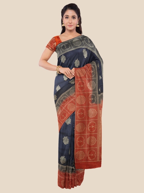 

KLM Fashion Mall Navy Blue & Red Ethnic Motifs Zari Silk Blend Banarasi Saree
