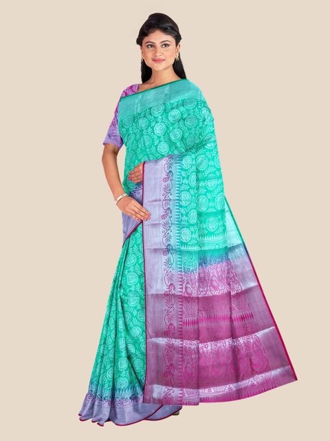 

KLM Fashion Mall Teal & Magenta Ethnic Motifs Zari Silk Blend Banarasi Saree