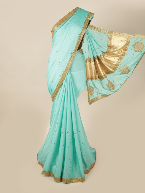 

Pothys Turquoise Blue & Gold-Toned Floral Sequinned Pure Georgette Saree
