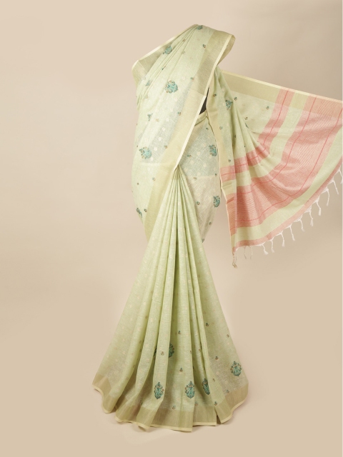 

Pothys Green & Pink Floral Zari Linen Blend Saree