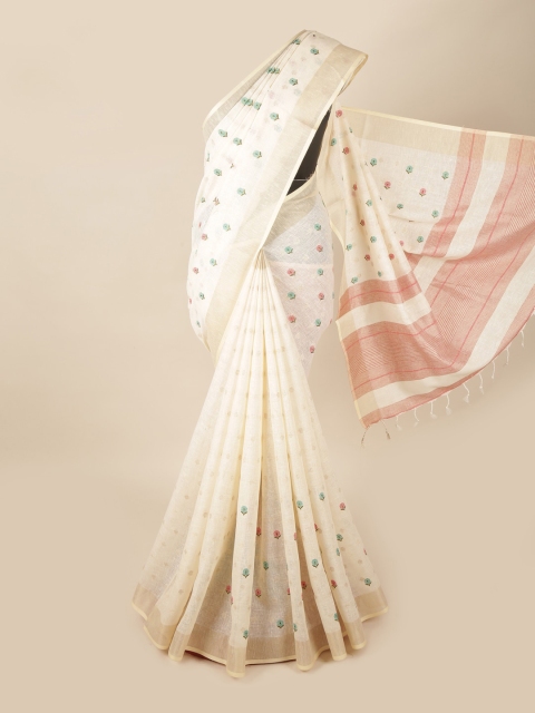 

Pothys Cream-Coloured & Gold-Toned Floral Zari Border Saree