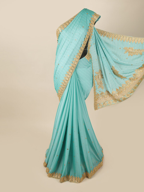 

Pothys Sea Green & Gold-Toned Ethnic Motifs Beads and Stones Pure Georgette Saree
