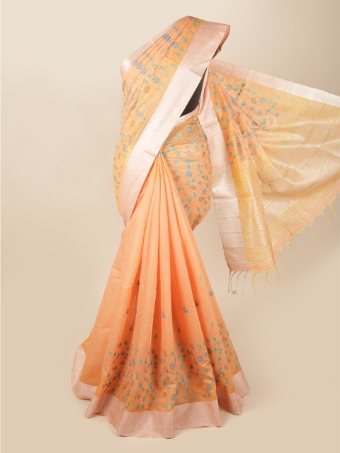 

Pothys Orange & Blue Floral Zari Linen Blend Saree