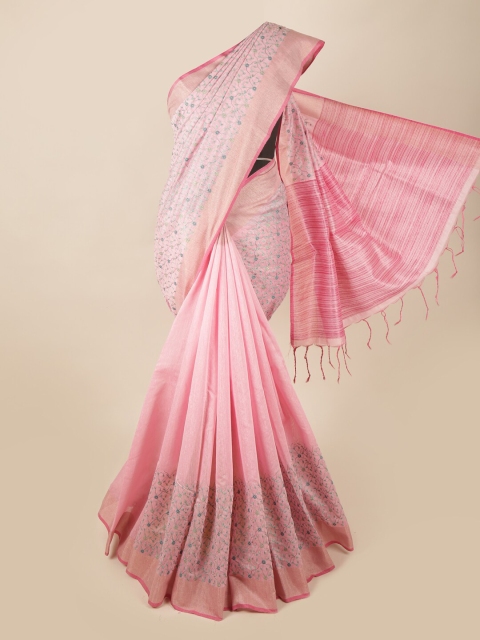 

Pothys Pink & Blue Floral Zari Linen Blend Saree