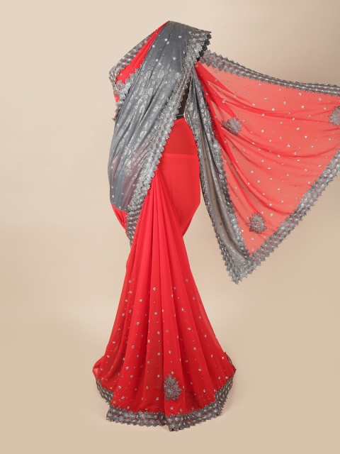 

Pothys Red & Silver-Toned Ethnic Motifs Beads and Stones Pure Georgette Saree