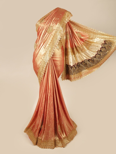 

Pothys Peach-Coloured & Gold-Toned Embellished Beads and Stones Pure Georgette Saree