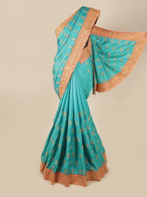 

Pothys Blue & Orange Floral Pure Georgette Saree