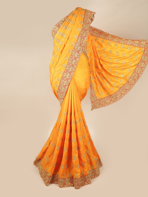 

Pothys Yellow & Gold-Toned Floral Beads & Stones Pure Georgette Saree