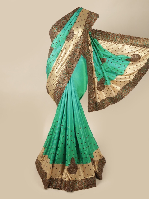 

Pothys Green & Cream-Coloured Embellished Beads and Stones Pure Georgette Saree