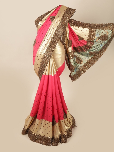

Pothys Pink & Cream-Coloured Embellished Beads and Stones Pure Georgette Saree
