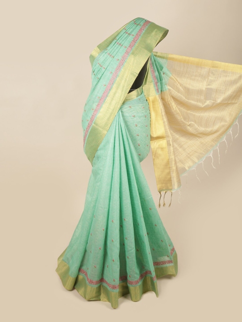 

Pothys Sea Green & Gold-Toned Floral Zari Linen Blend Saree