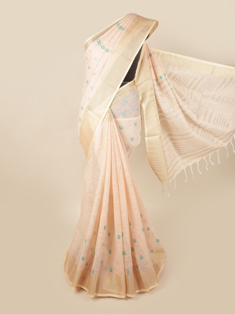 

Pothys Cream-Coloured & Teal Zari Linen Blend Saree