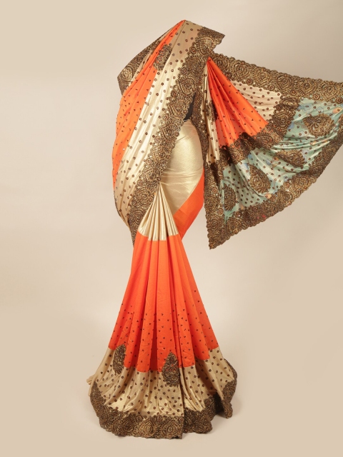

Pothys Orange & Gold-Toned Embellished Beads and Stones Pure Georgette Saree